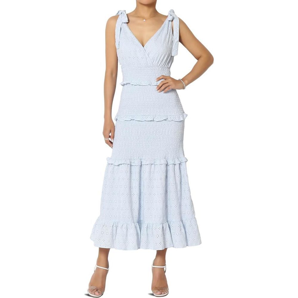 Summer Dress Light Blue Midi Smocked Ruffled Embrodiered Easter Size Medium - Picture 2 of 7